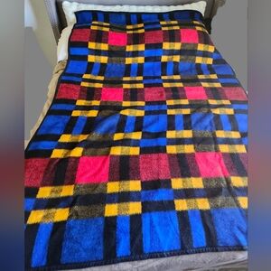 VINTAGE BIEDERLACK Acrylic Blanket Throw Grid Squares Tartan Plaid 79 × 55 USA